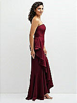 Side View Thumbnail - Burgundy Strapless Crepe Maxi Dress with Ruffle Edge Bias Wrap Skirt