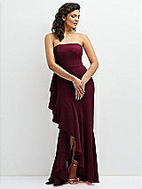 Front View Thumbnail - Cabernet Strapless Crepe Maxi Dress with Ruffle Edge Bias Wrap Skirt