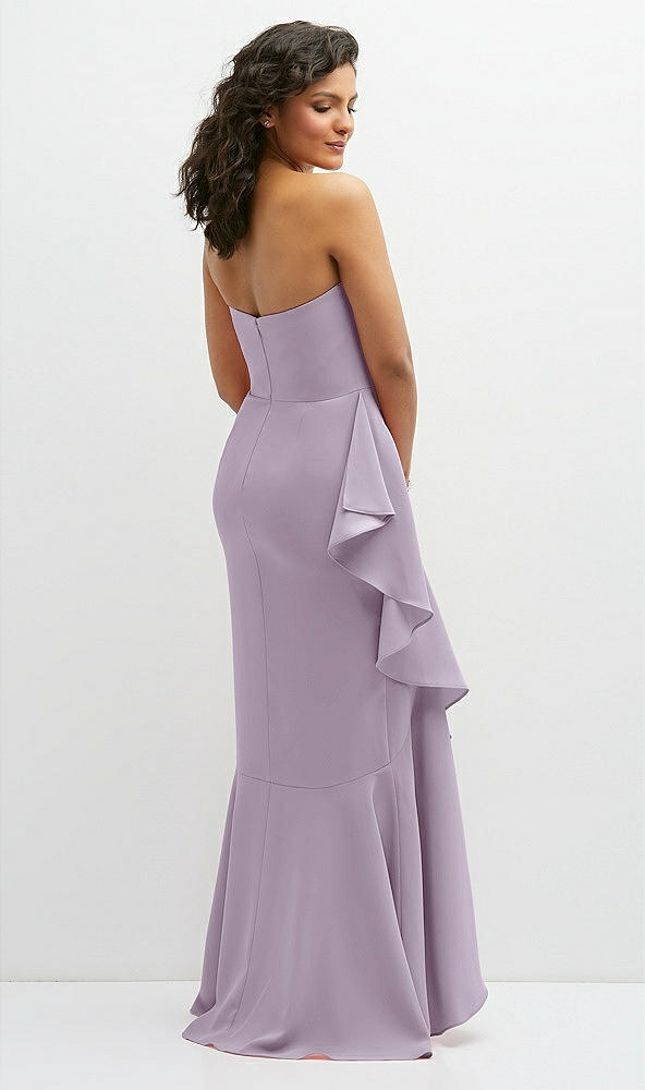 Back View - Lilac Haze Strapless Crepe Maxi Dress with Ruffle Edge Bias Wrap Skirt