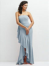 Front View Thumbnail - Mist Strapless Crepe Maxi Dress with Ruffle Edge Bias Wrap Skirt