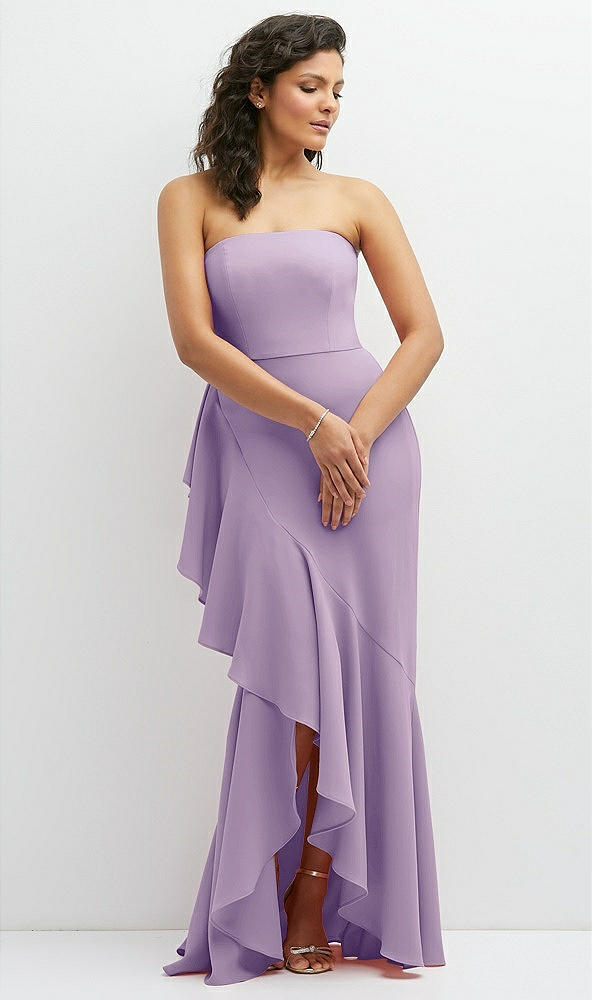 Front View - Pale Purple Strapless Crepe Maxi Dress with Ruffle Edge Bias Wrap Skirt