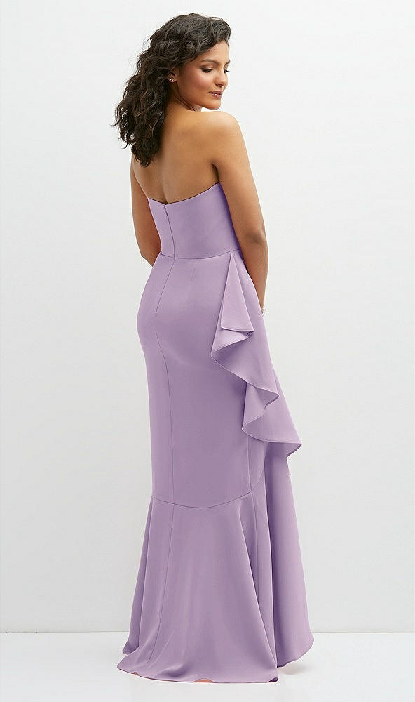 Back View - Pale Purple Strapless Crepe Maxi Dress with Ruffle Edge Bias Wrap Skirt