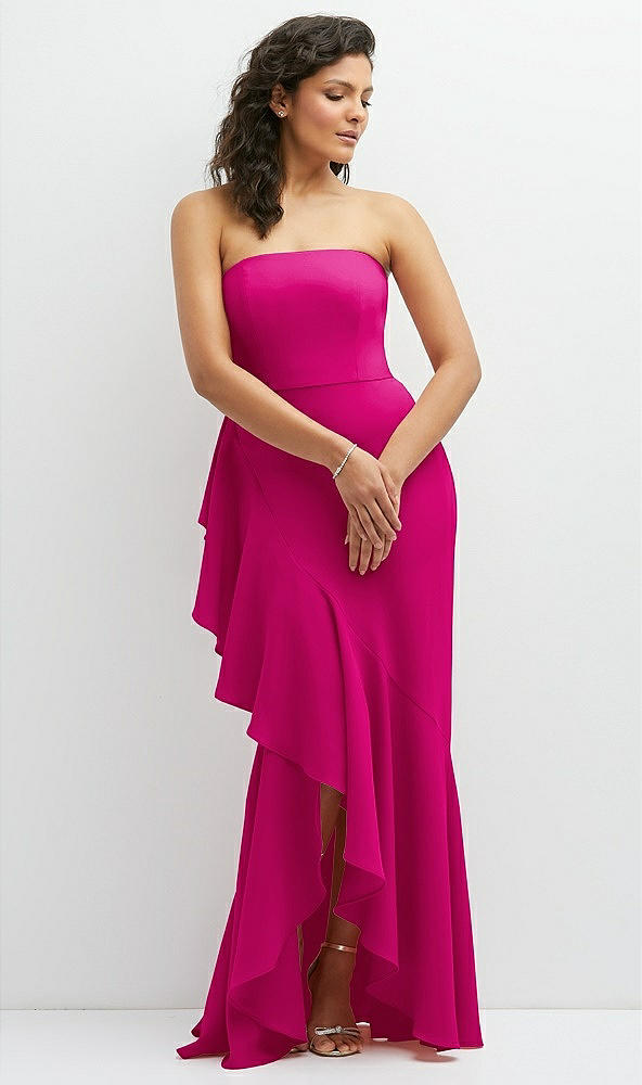 Front View - Think Pink Strapless Crepe Maxi Dress with Ruffle Edge Bias Wrap Skirt