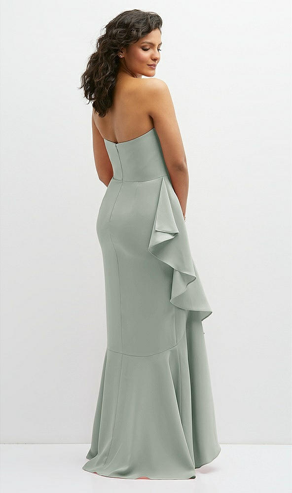 Back View - Willow Green Strapless Crepe Maxi Dress with Ruffle Edge Bias Wrap Skirt