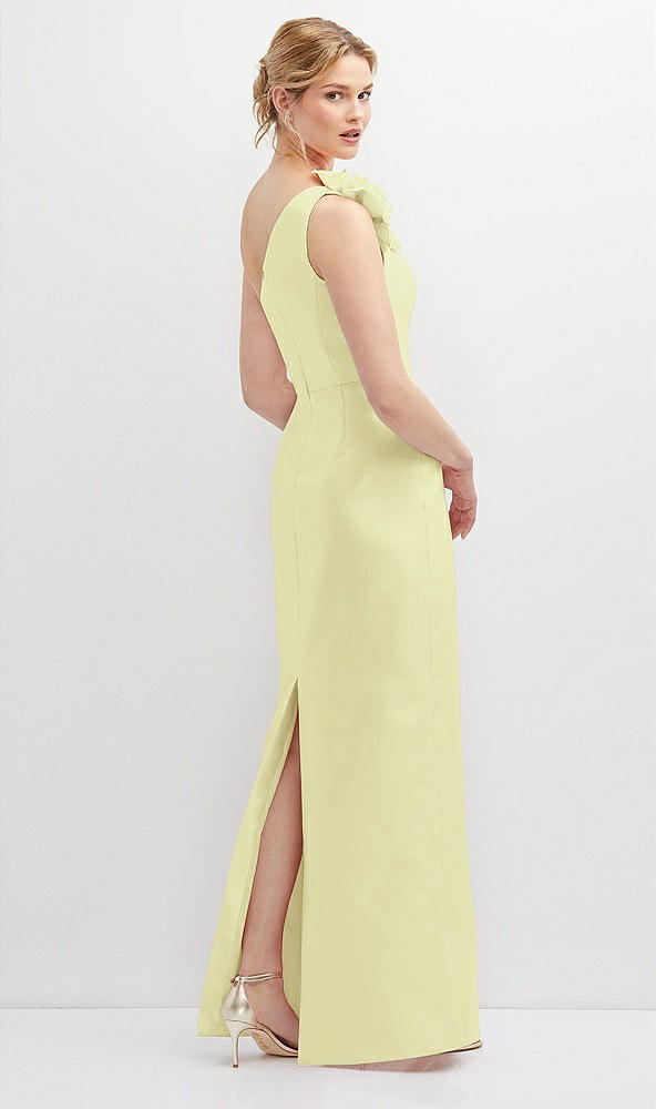 Back View - Butter Yellow Oversized Flower One-Shoulder Satin Column Dress