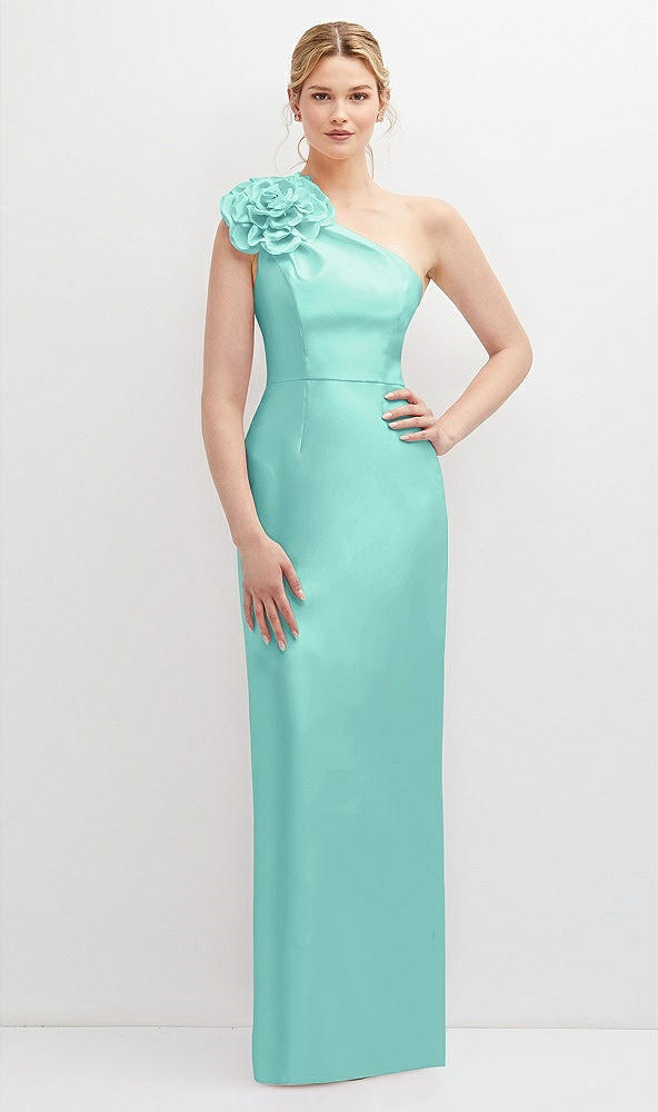 Front View - Coastal Oversized Flower One-Shoulder Satin Column Dress