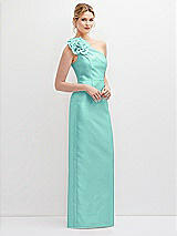 Side View Thumbnail - Coastal Oversized Flower One-Shoulder Satin Column Dress