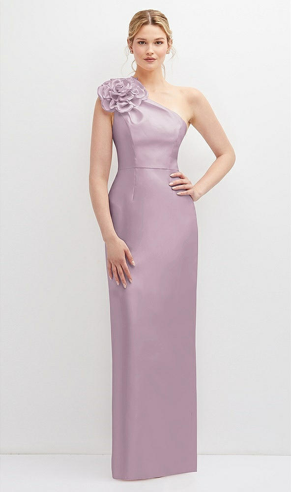 Front View - Suede Rose Oversized Flower One-Shoulder Satin Column Dress