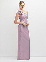 Side View Thumbnail - Suede Rose Oversized Flower One-Shoulder Satin Column Dress