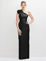 Front View Thumbnail - Black Oversized Flower One-Shoulder Satin Column Dress