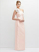 Side View Thumbnail - Blush Oversized Flower One-Shoulder Satin Column Dress