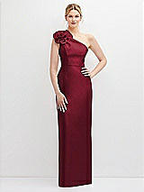 Front View Thumbnail - Burgundy Oversized Flower One-Shoulder Satin Column Dress