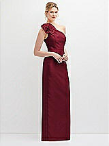 Side View Thumbnail - Burgundy Oversized Flower One-Shoulder Satin Column Dress