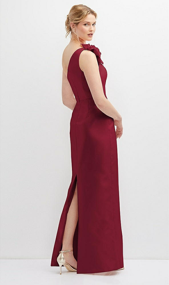 Back View - Burgundy Oversized Flower One-Shoulder Satin Column Dress