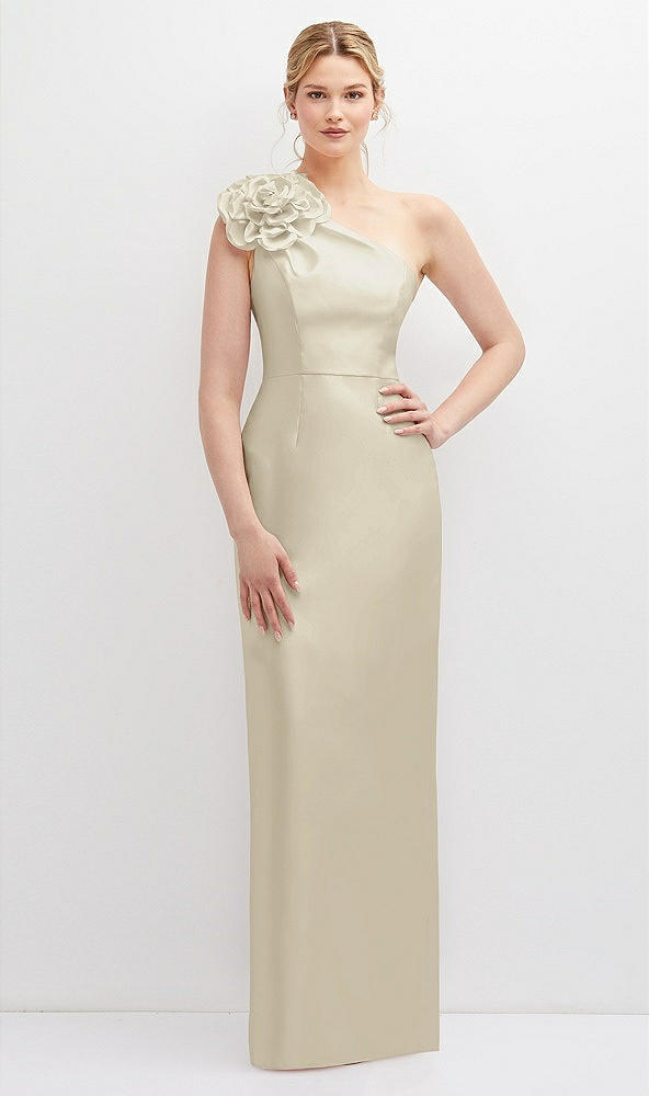 Front View - Champagne Oversized Flower One-Shoulder Satin Column Dress