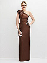 Front View Thumbnail - Cognac Oversized Flower One-Shoulder Satin Column Dress