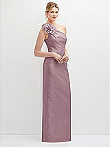 Side View Thumbnail - Dusty Rose Oversized Flower One-Shoulder Satin Column Dress