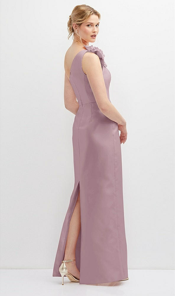 Back View - Dusty Rose Oversized Flower One-Shoulder Satin Column Dress