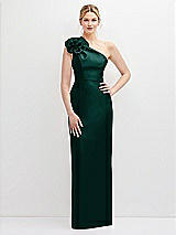 Front View Thumbnail - Evergreen Oversized Flower One-Shoulder Satin Column Dress