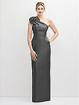 Front View Thumbnail - Gunmetal Oversized Flower One-Shoulder Satin Column Dress