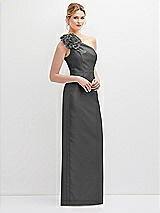 Side View Thumbnail - Gunmetal Oversized Flower One-Shoulder Satin Column Dress