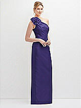 Side View Thumbnail - Grape Oversized Flower One-Shoulder Satin Column Dress