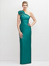 Front View Thumbnail - Jade Oversized Flower One-Shoulder Satin Column Dress