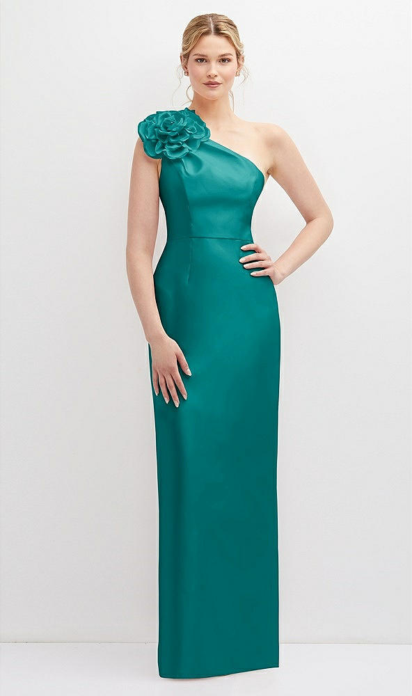 Front View - Jade Oversized Flower One-Shoulder Satin Column Dress