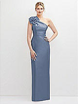 Front View Thumbnail - Larkspur Blue Oversized Flower One-Shoulder Satin Column Dress