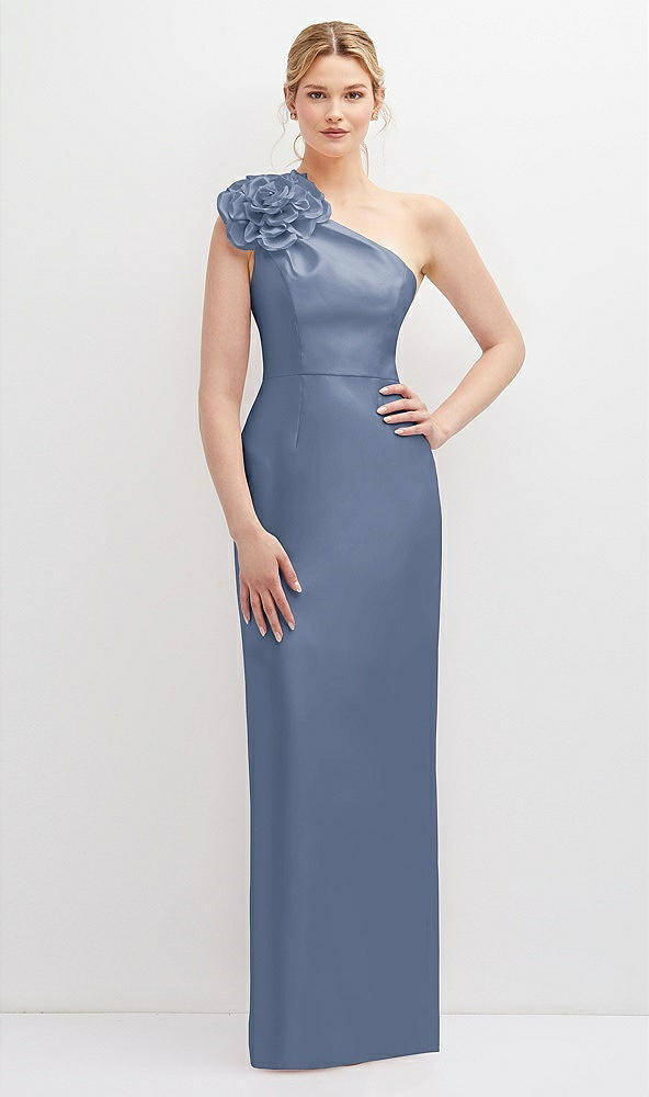 Front View - Larkspur Blue Oversized Flower One-Shoulder Satin Column Dress