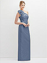 Side View Thumbnail - Larkspur Blue Oversized Flower One-Shoulder Satin Column Dress