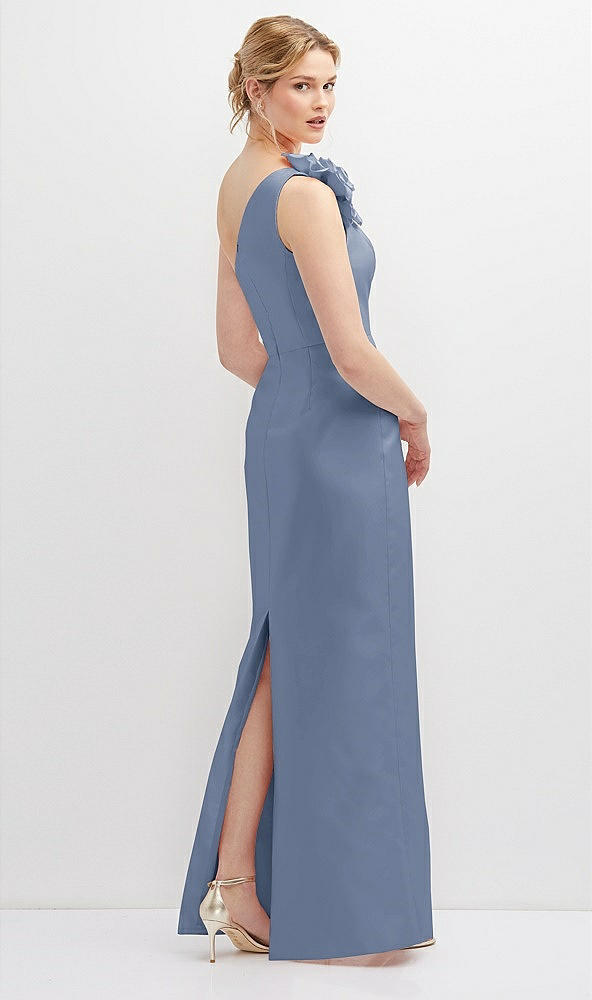 Back View - Larkspur Blue Oversized Flower One-Shoulder Satin Column Dress