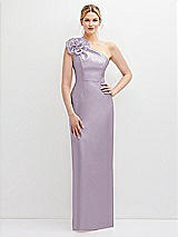 Front View Thumbnail - Lilac Haze Oversized Flower One-Shoulder Satin Column Dress