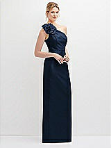 Side View Thumbnail - Midnight Navy Oversized Flower One-Shoulder Satin Column Dress