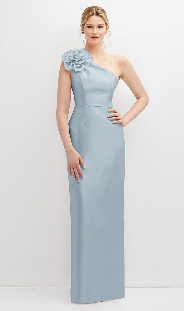 Front View - Mist Oversized Flower One-Shoulder Satin Column Dress