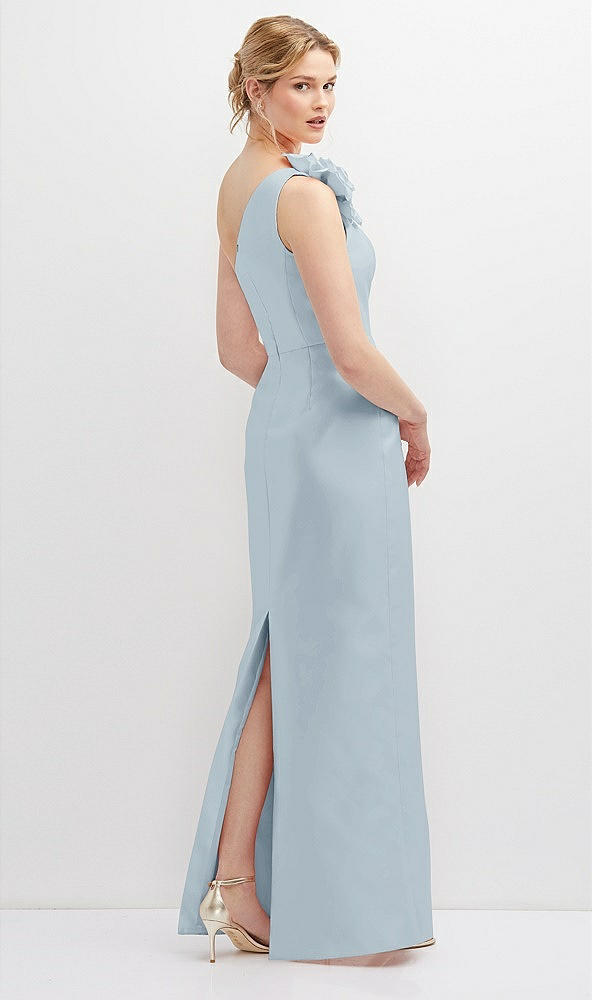 Back View - Mist Oversized Flower One-Shoulder Satin Column Dress