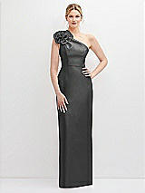 Front View Thumbnail - Pewter Oversized Flower One-Shoulder Satin Column Dress