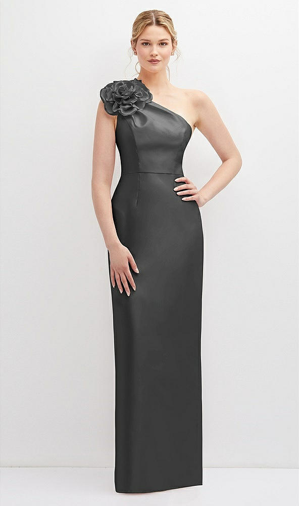 Front View - Pewter Oversized Flower One-Shoulder Satin Column Dress