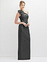 Side View Thumbnail - Pewter Oversized Flower One-Shoulder Satin Column Dress