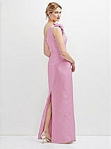 Rear View Thumbnail - Powder Pink Oversized Flower One-Shoulder Satin Column Dress