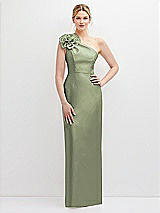 Front View Thumbnail - Sage Oversized Flower One-Shoulder Satin Column Dress