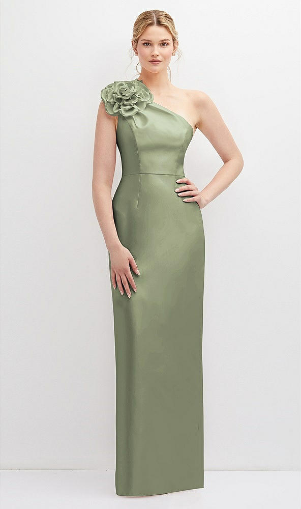 Front View - Sage Oversized Flower One-Shoulder Satin Column Dress