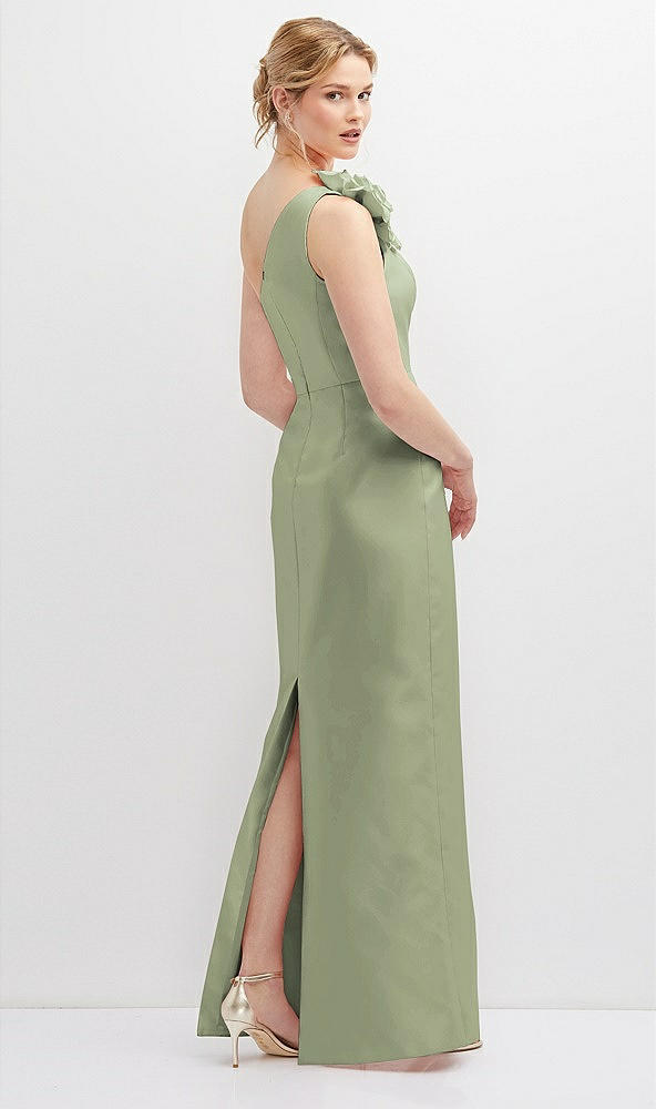 Back View - Sage Oversized Flower One-Shoulder Satin Column Dress