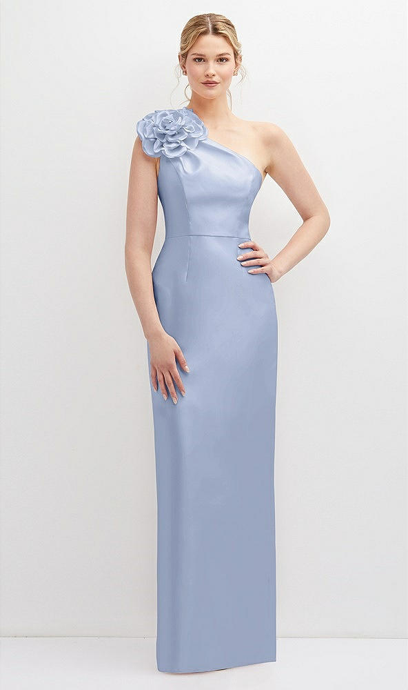 Front View - Sky Blue Oversized Flower One-Shoulder Satin Column Dress