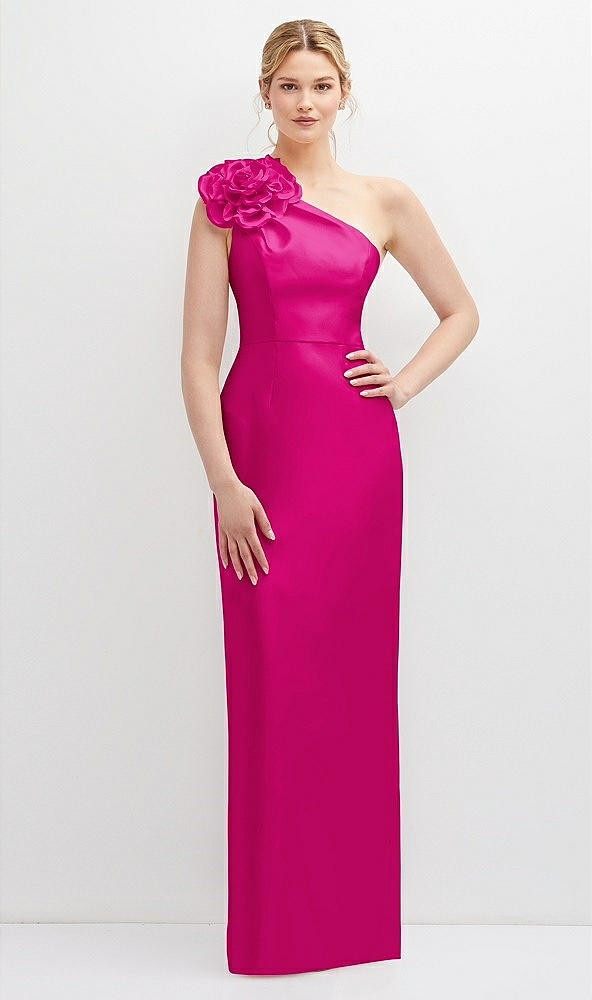 Front View - Think Pink Oversized Flower One-Shoulder Satin Column Dress