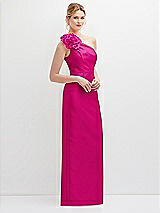 Side View Thumbnail - Think Pink Oversized Flower One-Shoulder Satin Column Dress