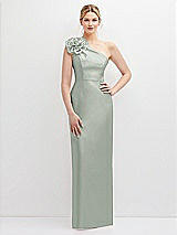 Front View Thumbnail - Willow Green Oversized Flower One-Shoulder Satin Column Dress