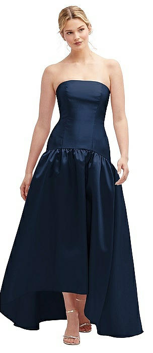 Strapless Fitted Satin High Low Dress with Shirred Ballgown Skirt