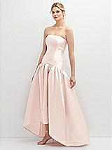 Side View Thumbnail - Blush Strapless Fitted Satin High Low Dress with Shirred Ballgown Skirt