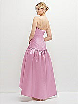 Rear View Thumbnail - Powder Pink Strapless Fitted Satin High Low Dress with Shirred Ballgown Skirt